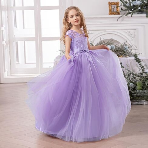 Flower Girl Dress with Bow Tie Pearl Embroidery Lace Tulle Satin Wedding Guest Party Birthday Pageant Gown Kids in Saudi Arabia