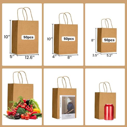 100pcs Brown Kraft Paper Bags with Handles Mixed Size Gift Bags Bulk,Craft Grocery Shopping Retail Birthday Party Favors Wedding Sacks Restaurant Takeout, Business in Saudi Arabia