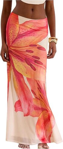 Milumia Women's Floral Low Waist Mesh Maxi Skirt Boho Bodycon Fishtail Long Skirts in Saudi Arabia