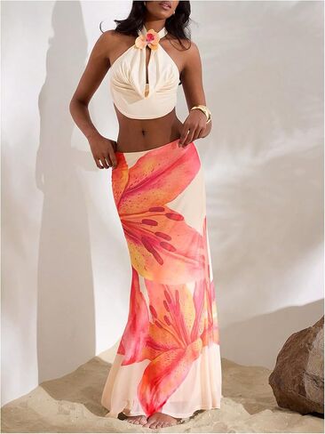 Milumia Women's Floral Low Waist Mesh Maxi Skirt Boho Bodycon Fishtail Long Skirts in Saudi Arabia