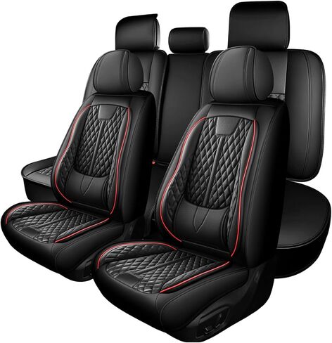 otoez Leather Car Seat Covers Full Set, Breathable Waterproof Nappa Leather Car Seat Protectors with Lumbar Support, Universal Automotive Seat Covers for Most Cars SUV Truck Sedan (Black+Pink) in Kuwait