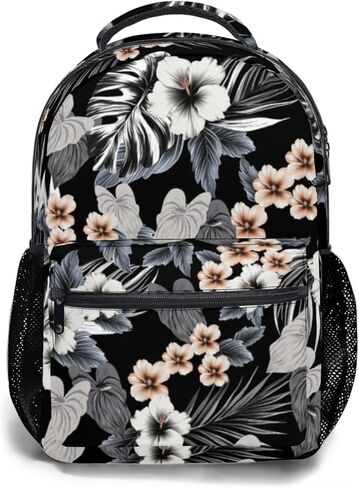 Hawaiian Black Floral Print Backpack Tropical Beachy Flower Leaf School Bookbag Summer College Shoulders Back Pack for Travel Hiking Camping in Kuwait