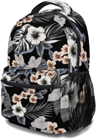 Hawaiian Black Floral Print Backpack Tropical Beachy Flower Leaf School Bookbag Summer College Shoulders Back Pack for Travel Hiking Camping in Kuwait