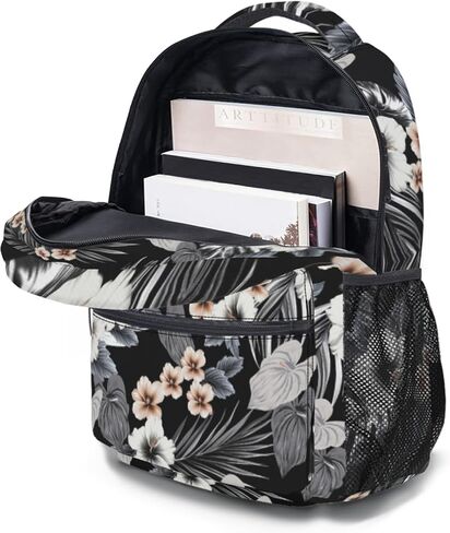 Hawaiian Black Floral Print Backpack Tropical Beachy Flower Leaf School Bookbag Summer College Shoulders Back Pack for Travel Hiking Camping in Kuwait