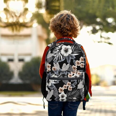 Hawaiian Black Floral Print Backpack Tropical Beachy Flower Leaf School Bookbag Summer College Shoulders Back Pack for Travel Hiking Camping in Kuwait