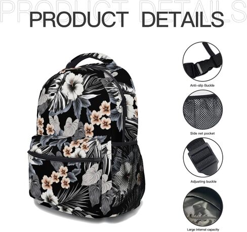 Hawaiian Black Floral Print Backpack Tropical Beachy Flower Leaf School Bookbag Summer College Shoulders Back Pack for Travel Hiking Camping in Kuwait