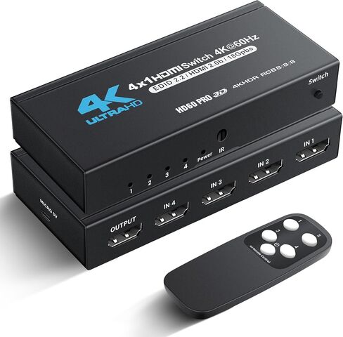 NEWCARE HDMI Switch 4 in 1 Out 4K@60Hz, 4x1 HDMI Splitter Switcher with IR Remote, 4 Port HDMI Selector Box Support HDMI2.0, Dolby Vision/Atmos, HDR10 for Switch, Xbox, PS5/4, Roku, Fire Stick in Kuwait