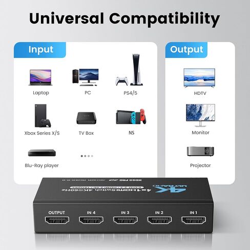 NEWCARE HDMI Switch 4 in 1 Out 4K@60Hz, 4x1 HDMI Splitter Switcher with IR Remote, 4 Port HDMI Selector Box Support HDMI2.0, Dolby Vision/Atmos, HDR10 for Switch, Xbox, PS5/4, Roku, Fire Stick in Kuwait