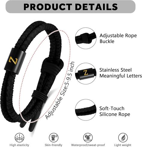 سوار أولي قابل للتعديل سيليكون سوار أولي للرجال ، أساور سحر الحرف من الفولاذ المقاوم للصدأ A-Z ، هدايا المجوهرات المطاطية الرياضية المقاومة للماء in Kuwait