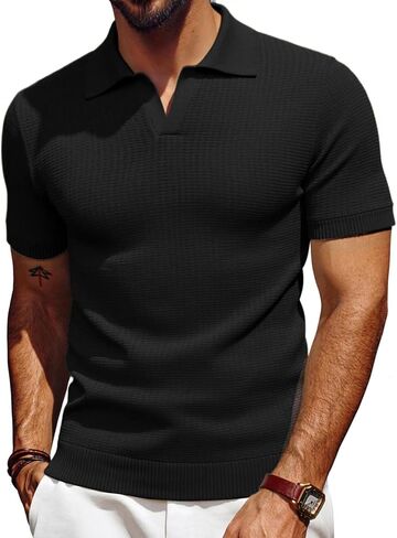 Les umes Mens Short Sleeve Polo Shirts Knitted V Neck Tee Summer Casual Breathable Poloshirts in Saudi Arabia