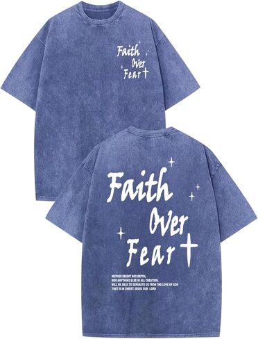 Christian Shirts for Men Faith Over Fear Acid Wash Tshirts Faith Religious Tees God Bible Verse Inspirational Tops in Kuwait