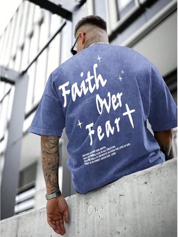 Christian Shirts for Men Faith Over Fear Acid Wash Tshirts Faith Religious Tees God Bible Verse Inspirational Tops in Kuwait