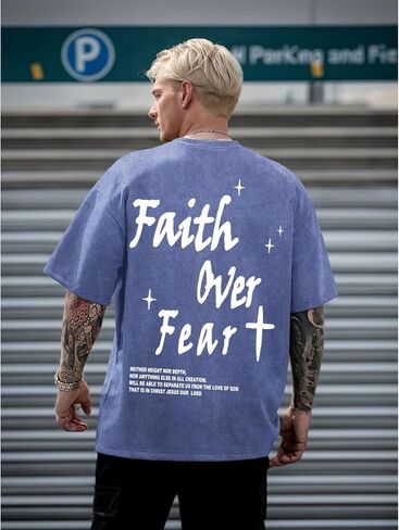 Christian Shirts for Men Faith Over Fear Acid Wash Tshirts Faith Religious Tees God Bible Verse Inspirational Tops in Kuwait