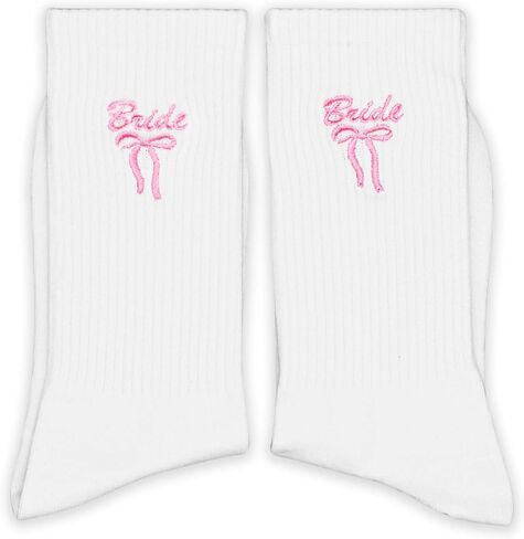 Embroidered Pink Bow Bride Socks - Wedding Day 'BRIDE' Crew Socks - Funny Bridal Party Favors for Bachelorette Gift - Cute Bride-to-Be Essentials. (216) in Kuwait