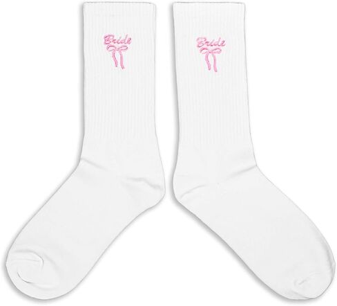 Embroidered Pink Bow Bride Socks - Wedding Day 'BRIDE' Crew Socks - Funny Bridal Party Favors for Bachelorette Gift - Cute Bride-to-Be Essentials. (216) in Kuwait