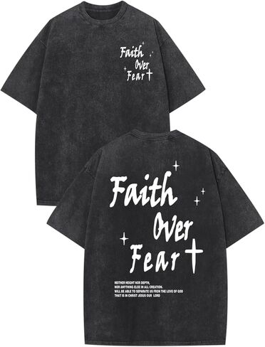 Christian Shirts for Men Faith Over Fear Acid Wash Tshirts Faith Religious Tees God Bible Verse Inspirational Tops in Kuwait