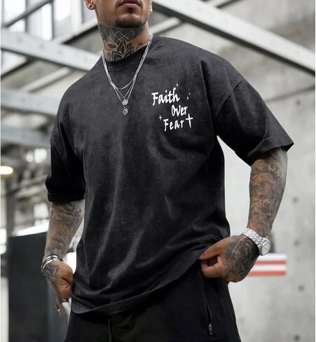 Christian Shirts for Men Faith Over Fear Acid Wash Tshirts Faith Religious Tees God Bible Verse Inspirational Tops in Kuwait