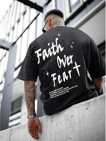 Christian Shirts for Men Faith Over Fear Acid Wash Tshirts Faith Religious Tees God Bible Verse Inspirational Tops in Kuwait