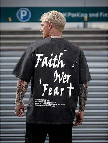 Christian Shirts for Men Faith Over Fear Acid Wash Tshirts Faith Religious Tees God Bible Verse Inspirational Tops in Kuwait