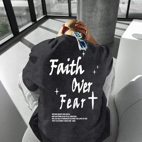 Christian Shirts for Men Faith Over Fear Acid Wash Tshirts Faith Religious Tees God Bible Verse Inspirational Tops in Kuwait