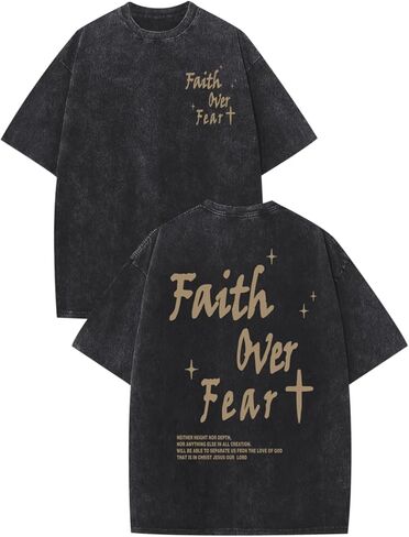 Christian Shirts for Men Faith Over Fear Acid Wash Tshirts Faith Religious Tees God Bible Verse Inspirational Tops in Kuwait