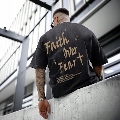Christian Shirts for Men Faith Over Fear Acid Wash Tshirts Faith Religious Tees God Bible Verse Inspirational Tops in Kuwait