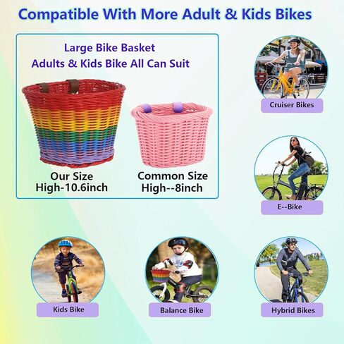 سلة دراجة، سلة عميقة كبيرة لدراجة الأطفال والكبار، سلة أمامية لدراجة الأطفال بألوان قوس قزح منسوجة يدويًا جميلة جدًا، سكوتر كبير الحجم للأطفال وسلة دراجة كروزر للبالغين، 9 * 7.5 بوصة in Kuwait