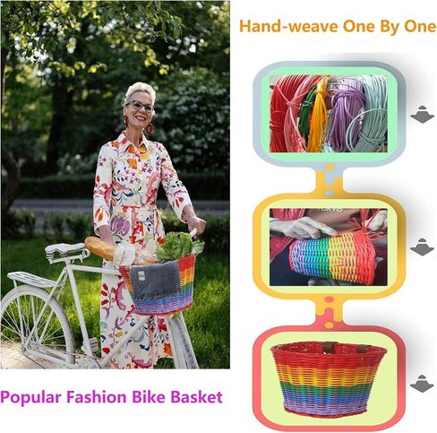 سلة دراجة، سلة عميقة كبيرة لدراجة الأطفال والكبار، سلة أمامية لدراجة الأطفال بألوان قوس قزح منسوجة يدويًا جميلة جدًا، سكوتر كبير الحجم للأطفال وسلة دراجة كروزر للبالغين، 9 * 7.5 بوصة in Kuwait