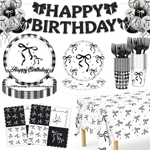 Pink Bow Party Decorations, 140Pcs Bow Birthday Party Supplies-Serves 24 with Plates and Napkins Tablecloth and Birthday Banner Balloons for Pink Girls Party Decorations in Kuwait