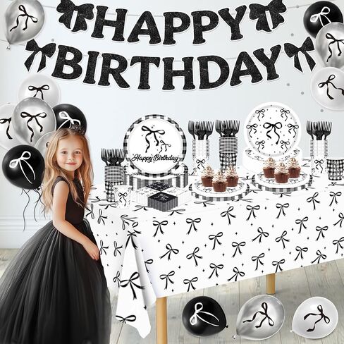 Pink Bow Party Decorations, 140Pcs Bow Birthday Party Supplies-Serves 24 with Plates and Napkins Tablecloth and Birthday Banner Balloons for Pink Girls Party Decorations in Kuwait