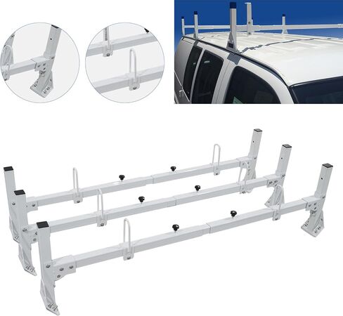 رفوف فان سلم ، فان سقف رف الصلب 3 قضبان مناسبة لفورد إيكونولين E150 250 350 1992-2015 ، ملائمة لشيفروليه إكسبريس 1500 2500 3500 رفوف توبيبر 750 رطل (أبيض) in Kuwait