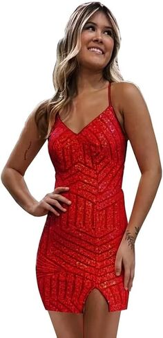 RSOETOO Women's Sequin Homecoming Dress Short Sparkly Glitter Homecoming Dresses with Slit for Teens RO057B in Saudi Arabia
