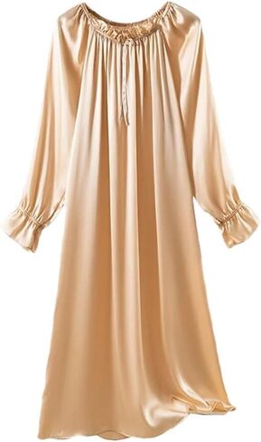 100% Mulberry Silk Nightgown For Women Long Sleeve Crepe Satin Sleepwear Spring Summer Pajama Dress in Saudi Arabia