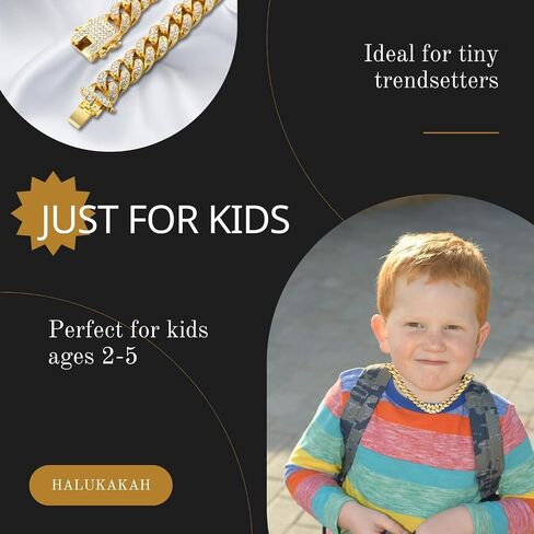 Halukakakah Baby Toddler Cuban Link Chain - Tycoon Junior - Kid's 18K Gold/Platinum White Gold Bracelet Necklace Smally Size ، Lab Diamonds Prong Set ، تتناسب مع 6+ Y/O. مع Giftbox in Kuwait