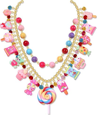 Candy Layered Necklaces for Women Novelty Colorful Beads Lollipop Sweet Candy Bear Ice Cream Dessert Cake Pendant Choker Necklace for Birthday Halloween Holiday Party Jewelry Gift in Saudi Arabia