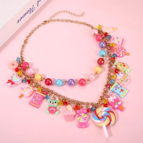 Candy Layered Necklaces for Women Novelty Colorful Beads Lollipop Sweet Candy Bear Ice Cream Dessert Cake Pendant Choker Necklace for Birthday Halloween Holiday Party Jewelry Gift in Saudi Arabia