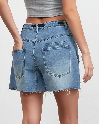 Pearl Beaded Frayed Raw Hem Jean Shorts for Women Drawstring High Waisted Summer Denim Shorts with Pockets in Saudi Arabia