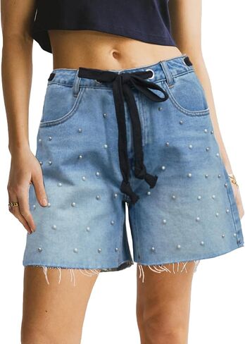 Pearl Beaded Frayed Raw Hem Jean Shorts for Women Drawstring High Waisted Summer Denim Shorts with Pockets in Saudi Arabia