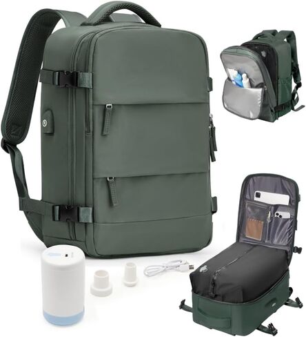 Vacuum Backpack Travel with Pump for Women, Personal Item Carry on Backpack Flight Approved 18x14x8 inches for Men, Waterproof Work Laptop Casual Daypack - Green in Saudi Arabia