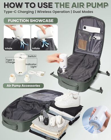 Vacuum Backpack Travel with Pump for Women, Personal Item Carry on Backpack Flight Approved 18x14x8 inches for Men, Waterproof Work Laptop Casual Daypack - Green in Saudi Arabia