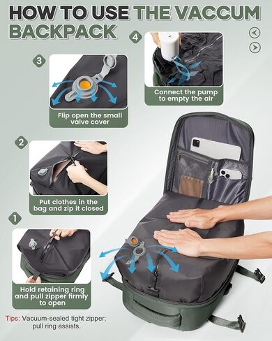 Vacuum Backpack Travel with Pump for Women, Personal Item Carry on Backpack Flight Approved 18x14x8 inches for Men, Waterproof Work Laptop Casual Daypack - Green in Saudi Arabia