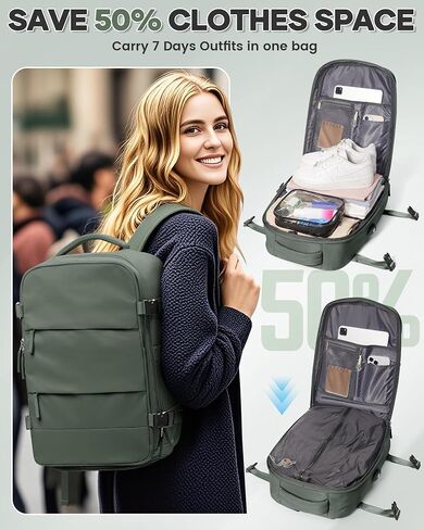 Vacuum Backpack Travel with Pump for Women, Personal Item Carry on Backpack Flight Approved 18x14x8 inches for Men, Waterproof Work Laptop Casual Daypack - Green in Saudi Arabia
