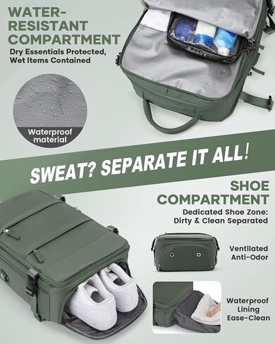 Vacuum Backpack Travel with Pump for Women, Personal Item Carry on Backpack Flight Approved 18x14x8 inches for Men, Waterproof Work Laptop Casual Daypack - Green in Saudi Arabia