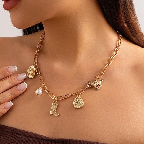 Western Necklaces Cowgirl Outfits for Women Cowboy Boot Charm Necklace Cowgirl Accessories Country Concert Outfits for Women in Saudi Arabia