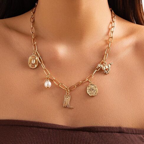 Western Necklaces Cowgirl Outfits for Women Cowboy Boot Charm Necklace Cowgirl Accessories Country Concert Outfits for Women in Saudi Arabia