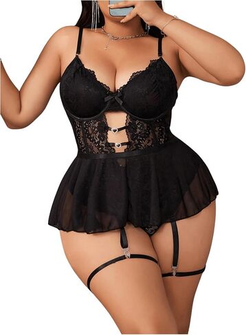 MakeMeChic Women's Plus Size Teddy Lingerie Sets with Garter Cut Out Floral Lace Exotic Lingerie Bodysuit in Saudi Arabia
