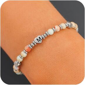 Initial Beaded Bracelets for Women Silver Heart Initial Boho Bracelet Letter A-Z Charm Handmade Ball Bead Bracelet Trendy Jewelry Gifts for Mom Lover Friends in Kuwait