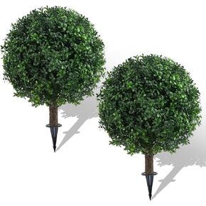 25" Artificial Boxwood Topiary Ball Trees with Daisy Flowers, Set of 2 UV Resistant No Fade Outdoor Faux Plants with Ground Spike, Fake Shrubs for Garden, Patio, Porch, Yard, Indoor Decor in Kuwait