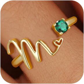 Gold Rings for Women Girls - Non Tarnish Real Gold Plated Initial Ring Adjustable Initial Birthstone Rings for Women Stackable Thumb Pinky Emerald Ring Birthday Bridesmaid Gifts for Women Girls in Kuwait