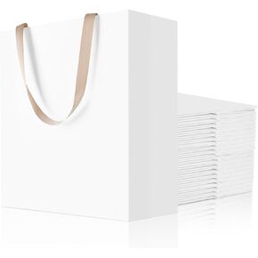 suituts 12 Pcs White Gift Bags with Ribbon Handles 16x6x12 Inches Extra Large White Paper Shopping Bags White Kraft Bags Bulk for Valentine's Day, Wedding, Birthday, Party, Retail in Kuwait